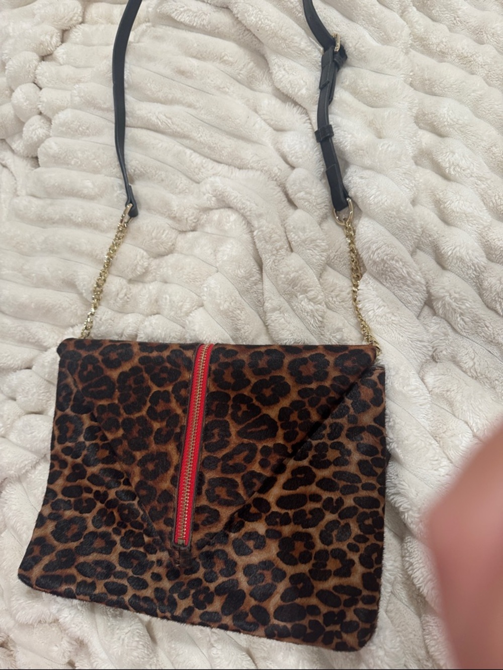 sandra robert’s Leopard Print Crossbody Bag with Red Zip Accent